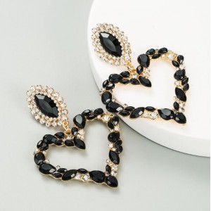 Stunningly Beautiful Big Rhinestone Heart Hoop Style Women Fashion Costume Earrings - Black