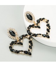 Stunningly Beautiful Big Rhinestone Heart Hoop Style Women Fashion Costume Earrings - Black