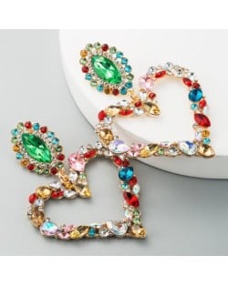 Stunningly Beautiful Big Rhinestone Heart Hoop Style Women Fashion Costume Earrings - Multicolor