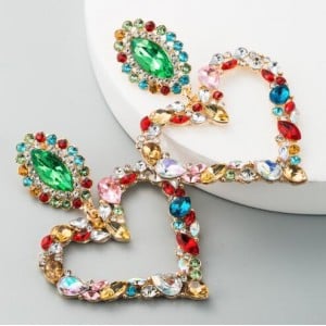 Stunningly Beautiful Big Rhinestone Heart Hoop Style Women Fashion Costume Earrings - Multicolor
