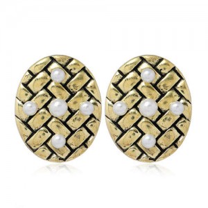 Artificial Pearl Embellished Oval Shape High Fashion Wholesale Women Stud Earrings - Vintage Gold