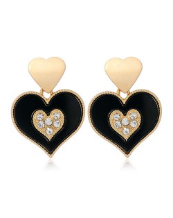 Rhinestone Inlaid Peach Heart Unique Fashion Design Women Wholesale Stud Earrings - Black