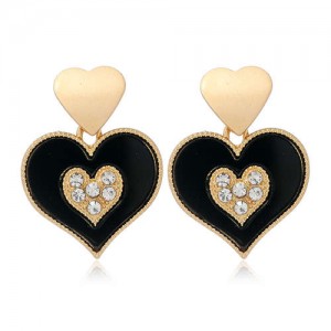Rhinestone Inlaid Peach Heart Unique Fashion Design Women Wholesale Stud Earrings - Black
