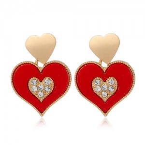 Rhinestone Inlaid Peach Heart Unique Fashion Design Women Wholesale Stud Earrings - Red