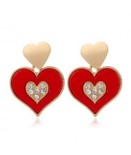 Rhinestone Inlaid Peach Heart Unique Fashion Design Women Wholesale Stud Earrings - Red