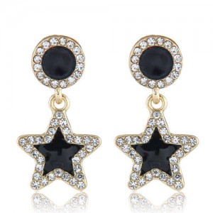 Rhinestone Embellished Enamel Star Pendant High Fashion Women Wholesale Stud Earrings - Black