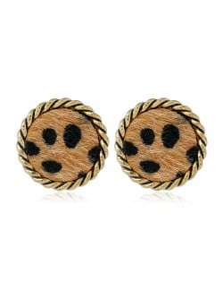 Leopard Prints Vintage Golden Threads Rim Design Round Shape Design Women Costume Stud Earrings - Brown