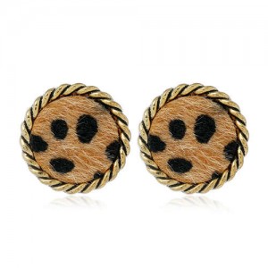 Leopard Prints Vintage Golden Threads Rim Design Round Shape Design Women Costume Stud Earrings - Brown