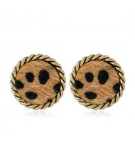 Leopard Prints Vintage Golden Threads Rim Design Round Shape Design Women Costume Stud Earrings - Brown