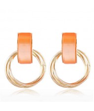 Gem Embellished Multi-layers Golden Hoop Women Alloy Costume Earrings - Orange