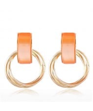 Gem Embellished Multi-layers Golden Hoop Women Alloy Costume Earrings - Orange