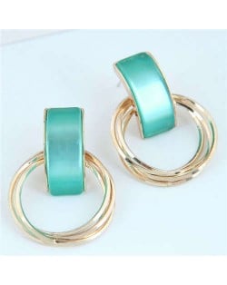 Gem Embellished Multi-layers Golden Hoop Women Alloy Costume Earrings - Green