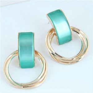 Gem Embellished Multi-layers Golden Hoop Women Alloy Costume Earrings - Green