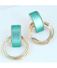 Gem Embellished Multi-layers Golden Hoop Women Alloy Costume Earrings - Green