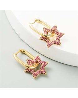 Cubic Zirconia Embellished Hexagon Star Design Bold Fashion Women Alloy Wholesale Earrings - Red