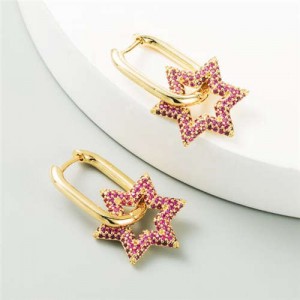 Cubic Zirconia Embellished Hexagon Star Design Bold Fashion Women Alloy Wholesale Earrings - Red