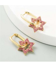 Cubic Zirconia Embellished Hexagon Star Design Bold Fashion Women Alloy Wholesale Earrings - Red