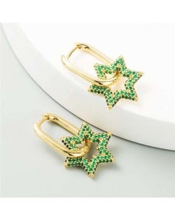 Cubic Zirconia Embellished Hexagon Star Design Bold Fashion Women Alloy Wholesale Earrings - Green