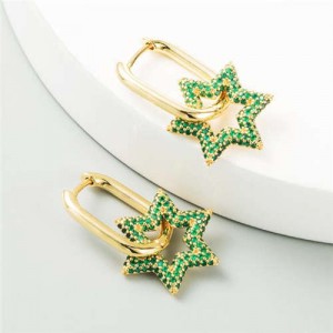 Cubic Zirconia Embellished Hexagon Star Design Bold Fashion Women Alloy Wholesale Earrings - Green