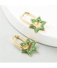 Cubic Zirconia Embellished Hexagon Star Design Bold Fashion Women Alloy Wholesale Earrings - Green