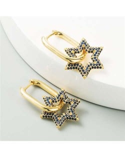 Cubic Zirconia Embellished Hexagon Star Design Bold Fashion Women Alloy Wholesale Earrings - Blue