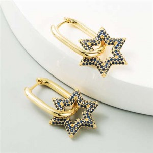 Cubic Zirconia Embellished Hexagon Star Design Bold Fashion Women Alloy Wholesale Earrings - Blue