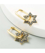 Cubic Zirconia Embellished Hexagon Star Design Bold Fashion Women Alloy Wholesale Earrings - Blue