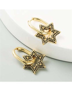 Cubic Zirconia Embellished Hexagon Star Design Bold Fashion Women Alloy Wholesale Earrings - Black