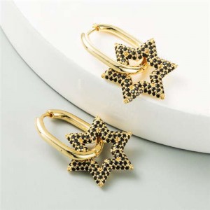 Cubic Zirconia Embellished Hexagon Star Design Bold Fashion Women Alloy Wholesale Earrings - Black