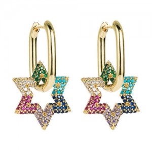 Cubic Zirconia Embellished Hexagon Star Design Bold Fashion Women Alloy Wholesale Earrings - Multicolor