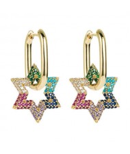 Cubic Zirconia Embellished Hexagon Star Design Bold Fashion Women Alloy Wholesale Earrings - Multicolor