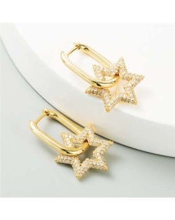 Cubic Zirconia Embellished Hexagon Star Design Bold Fashion Women Alloy Wholesale Earrings - Golden