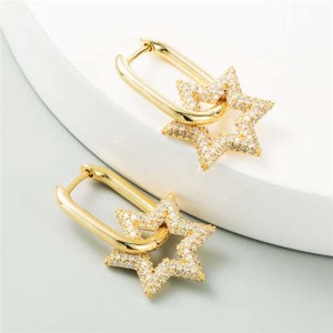 Cubic Zirconia Embellished Hexagon Star Design Bold Fashion Women Alloy Wholesale Earrings - Golden