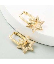 Cubic Zirconia Embellished Hexagon Star Design Bold Fashion Women Alloy Wholesale Earrings - Golden