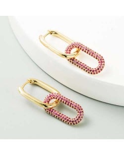 Cubic Zirconia Decorated Linked Hoops Design Women Copper Costume Earrings - Red