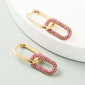 Cubic Zirconia Decorated Linked Hoops Design Women Copper Costume Earrings - Red