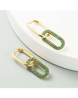 Cubic Zirconia Decorated Linked Hoops Design Women Copper Costume Earrings - Green