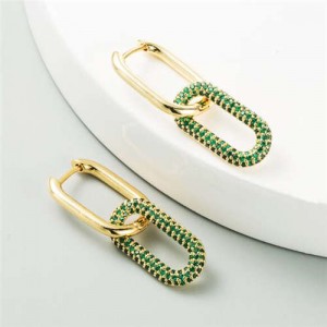 Cubic Zirconia Decorated Linked Hoops Design Women Copper Costume Earrings - Green