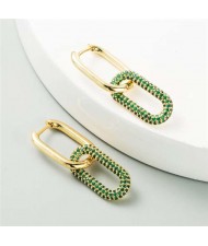 Cubic Zirconia Decorated Linked Hoops Design Women Copper Costume Earrings - Green