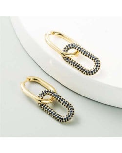 Cubic Zirconia Decorated Linked Hoops Design Women Copper Costume Earrings - Blue