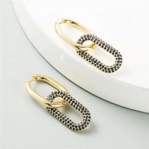 Cubic Zirconia Decorated Linked Hoops Design Women Copper Costume Earrings - Blue