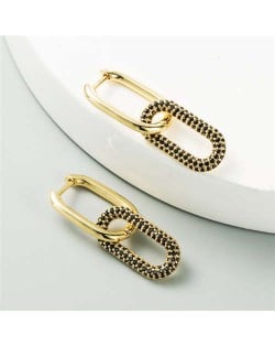 Cubic Zirconia Decorated Linked Hoops Design Women Copper Costume Earrings - Black