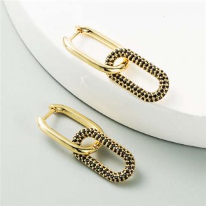 Cubic Zirconia Decorated Linked Hoops Design Women Copper Costume Earrings - Black