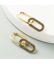 Cubic Zirconia Decorated Linked Hoops Design Women Copper Costume Earrings - Black