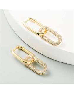 Cubic Zirconia Decorated Linked Hoops Design Women Copper Costume Earrings - Golden