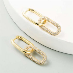Cubic Zirconia Decorated Linked Hoops Design Women Copper Costume Earrings - Golden