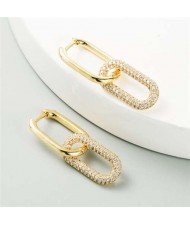 Cubic Zirconia Decorated Linked Hoops Design Women Copper Costume Earrings - Golden