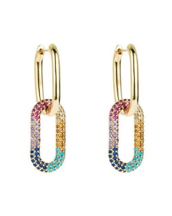 Cubic Zirconia Decorated Linked Hoops Design Women Copper Costume Earrings - Multicolor