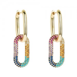 Cubic Zirconia Decorated Linked Hoops Design Women Copper Costume Earrings - Multicolor