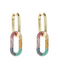 Cubic Zirconia Decorated Linked Hoops Design Women Copper Costume Earrings - Multicolor